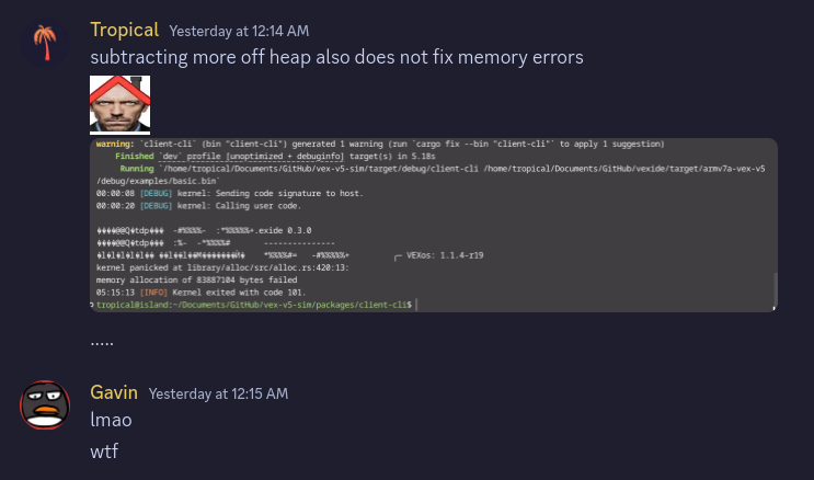 Discord conversation showing the stack corruption bug